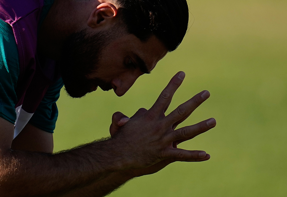 Iran's Alireza Jahanbakhsh (7) participates in a training session ahead of his team's World Cup Group G soccer match against Belgium Tuesday, June 16, 2026, in Tijuana, Mexico. (AP photo/Gregory Bull)