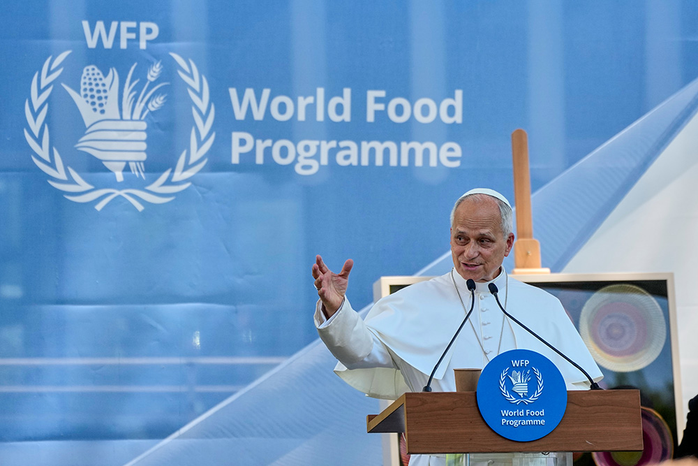 Pope Leo XIV speaks during a meeting with the employees of the United Nations World Food Program in Rome June 22, 2026. (AP/Alessandra Tarantino)