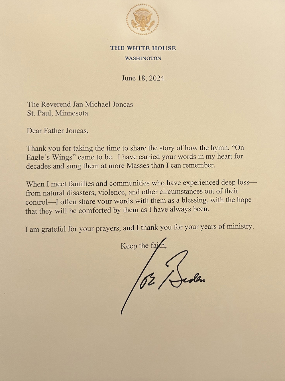 A June 2024 letter that former U.S. President Joe Biden wrote to Fr. Michael Joncas (NCR photo/Camillo Barone)