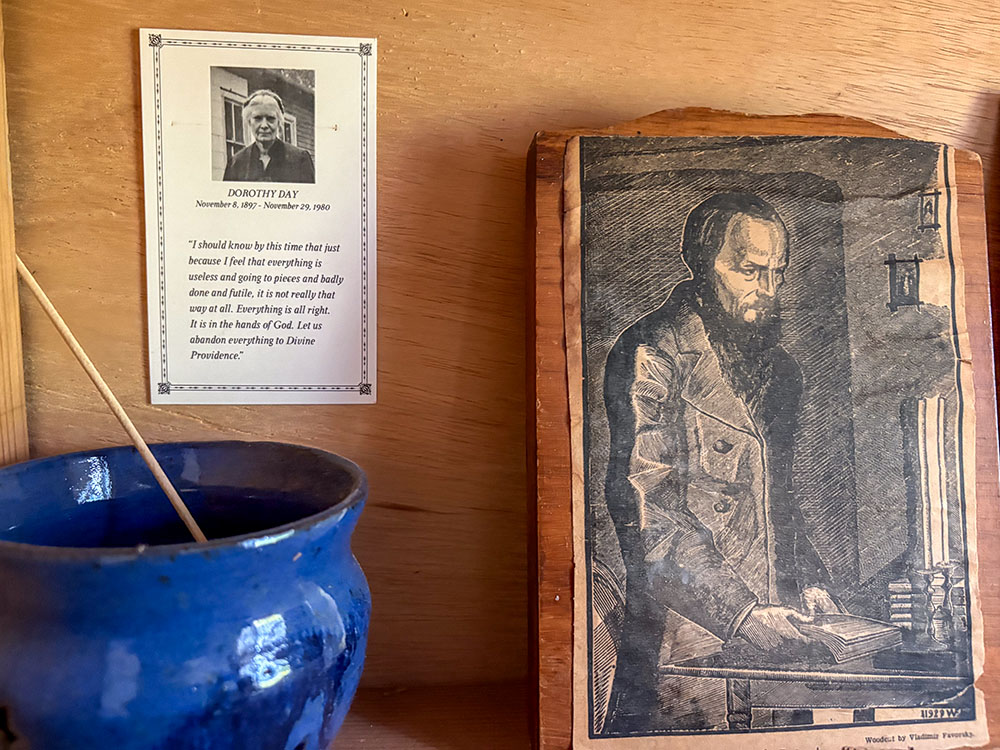 A shelf in Martha Hennessy's bedroom at Maryhouse Catholic Worker in New York, June 8, 2026 (NCR photo/Camillo Barone)