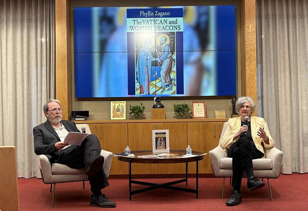Phyllis Zagano, professor at Hofstra University, author and scholar of religious studies, presents her new book The Vatican and Women Deacons at the America Media headquarters in New York, May 21, 2026. At left is Robert Ellsberg, publisher of Orbis Books. (NCR photo/Camillo Barone)