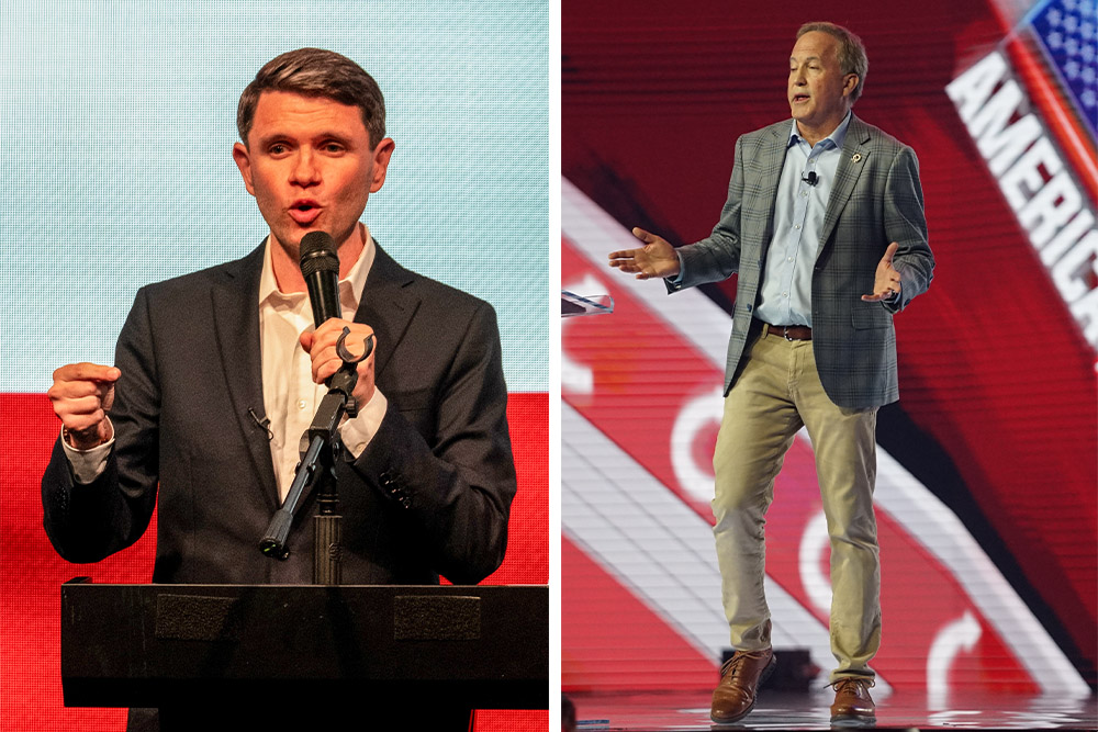 Left: James Talarico attends a rally in Houston May 27, 2026 (AP/Joel Angel Juarez). Right: Ken Paxton speaks at AmericaFest in Phoenix Dec. 20, 2025 (Wikimedia Commons/Xuthoria).