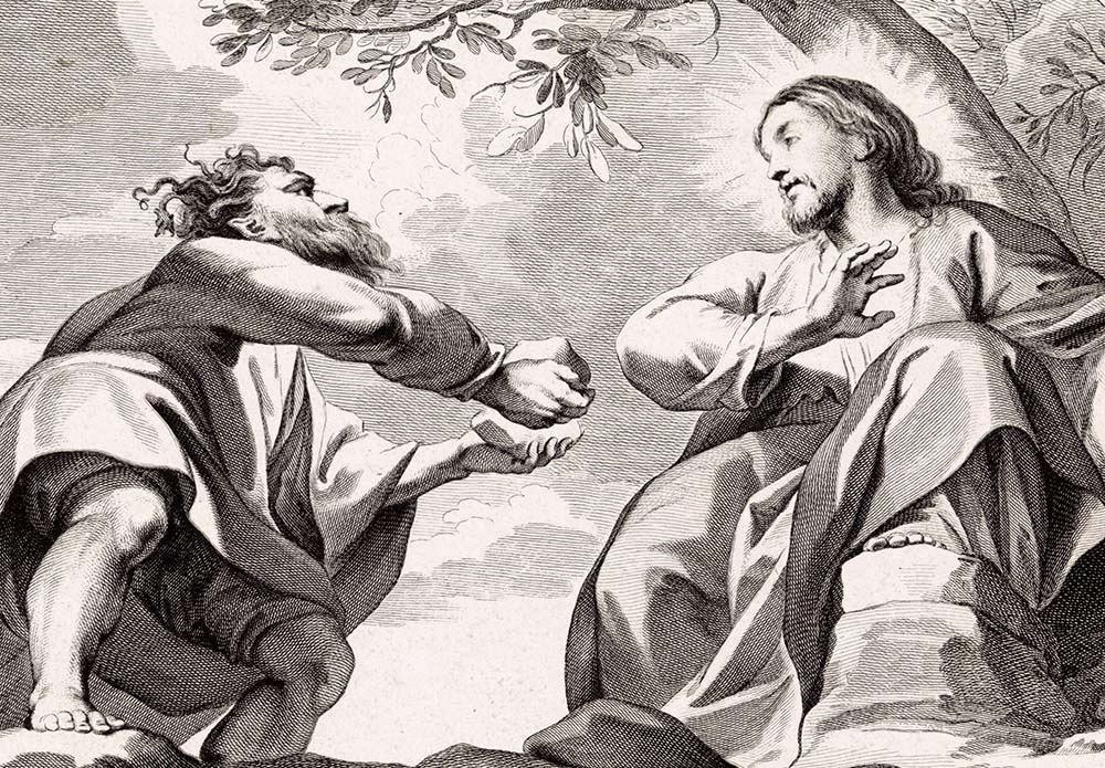 Detail of an 18th-century print, after a 17th-century painting by Peter Paul Rubens, depicts the Temptation of Christ. (Wikimedia Commons/Rijksmuseum)