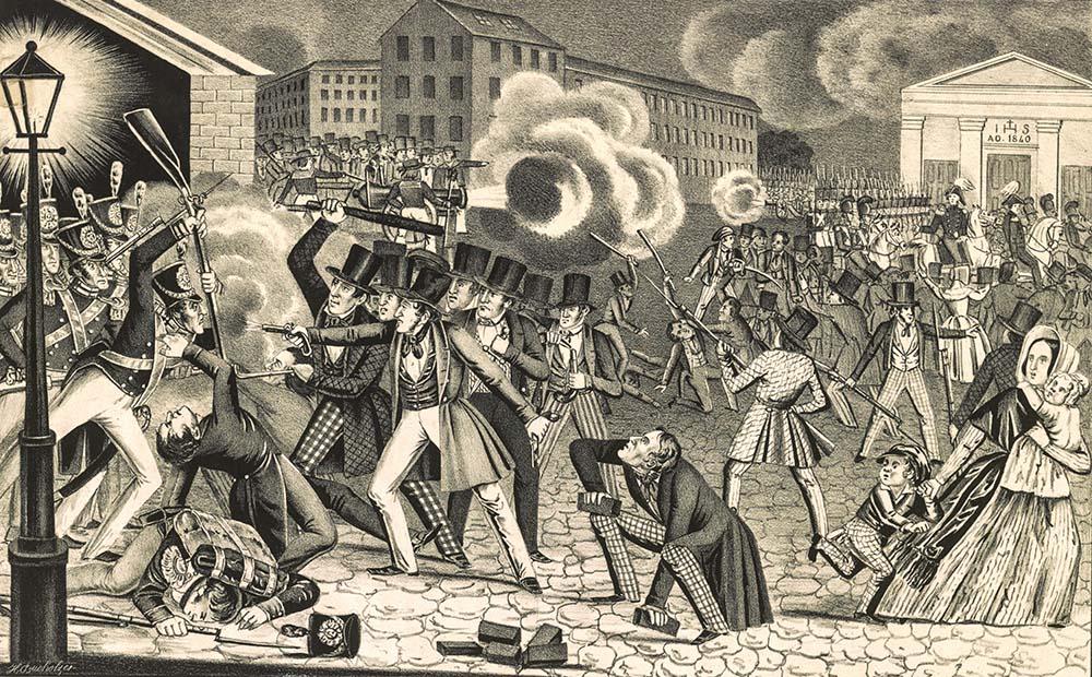 "Riot in Philadelphia," an 1844 lithograph H. Bucholzer. Anti-Catholic nativists rioted that year when the city's growing Catholic population challenged the use of a Protestant Bible translation in public schools. (Library of Congress Prints and Photographs Division)