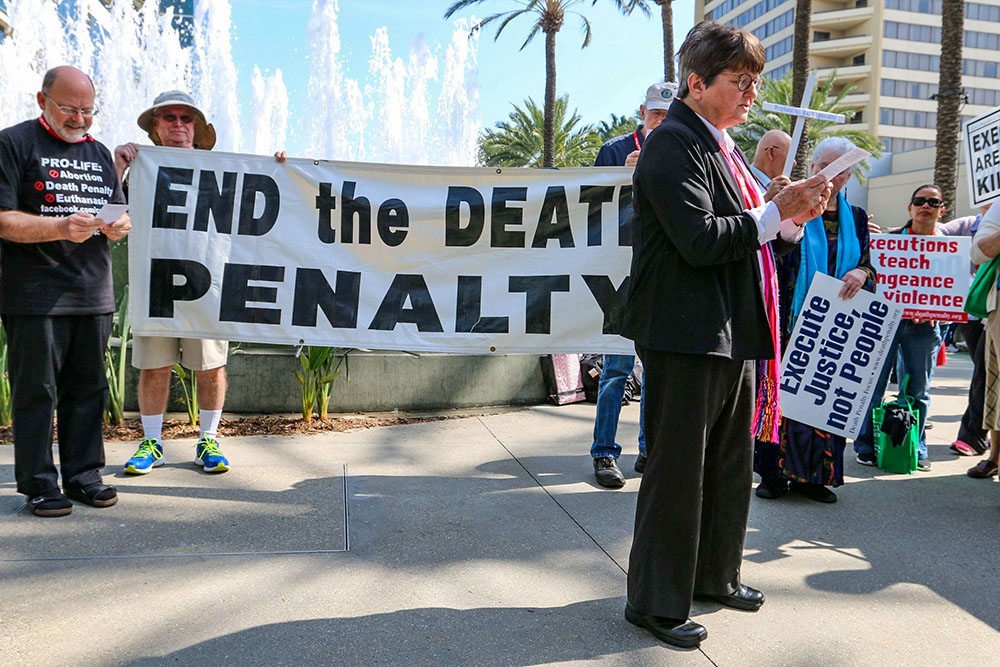 St. Joseph Sr. Helen Prejean is seen in Anaheim, Calif., calling for an end to the death penalty in 2016. (OSV News/CNS file/The Tidings/J.D. Long-Garcia)