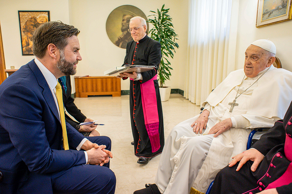 Pope Francis meets briefly with U.S. Vice President JD Vance in the papal residence, the Domus Sanctae Marthae, at the Vatican April 20, 2025. (CNS/Vatican Media)