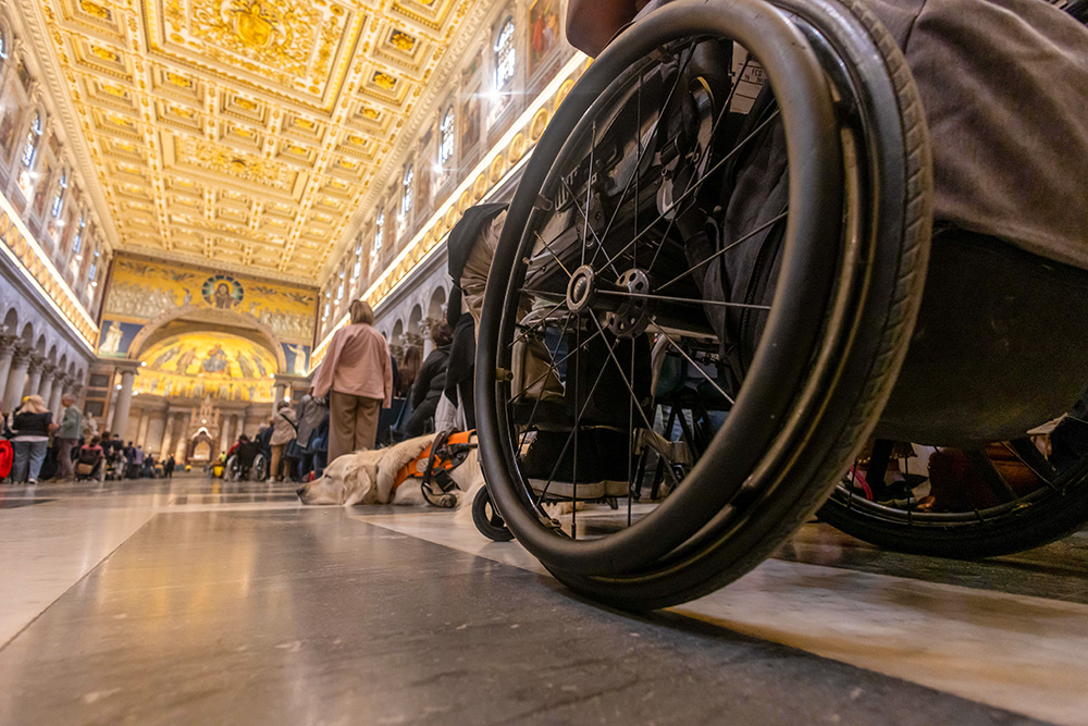 A wheelchair and a guide dog can be seen during Mass as part of the Jubilee of People with Disabilities at St. Paul Outside the Walls in Rome April 28, 2025. (CNS/Pablo Esparza)