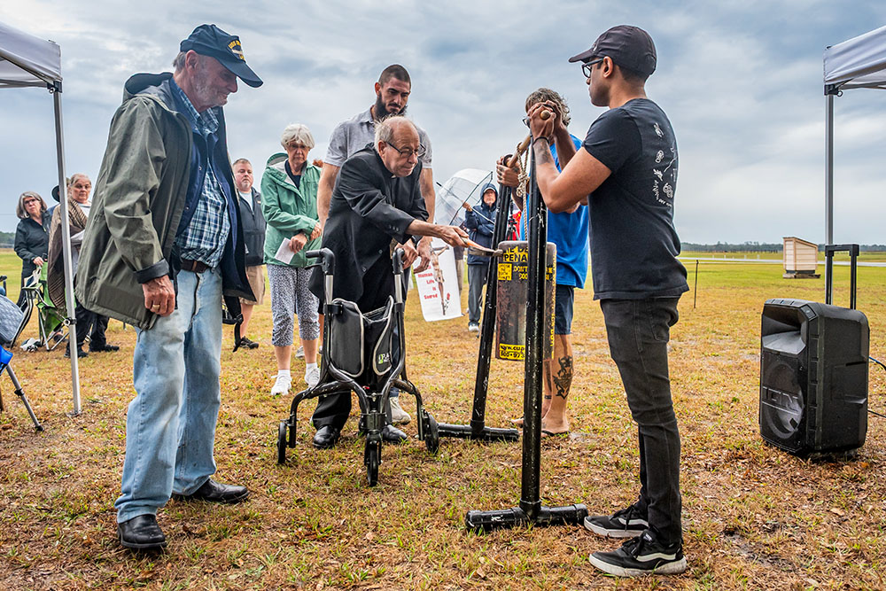 Retired Bishop Felipe Estévez of St. Augustine, Fla., joins people from across Florida for a prayer vigil outside Florida State Prison in Raiford on Feb. 13, 2025, held one hour before the scheduled execution of James Ford. (OSV News/Courtesy of St. Augustine Catholic/Fran Ruchalski)