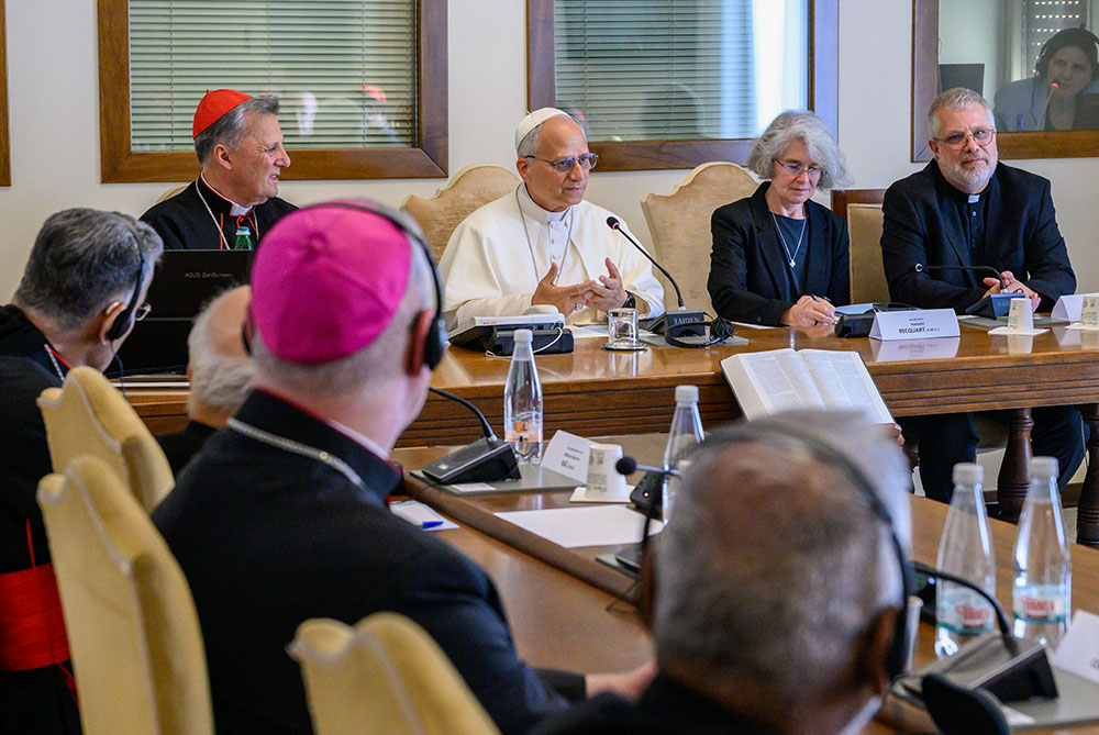 Pope Leo XIV speaks with leaders of the "continental bodies" representing Latin America, Africa, Asia, Europe, Oceania, the Middle East and North America, together with the coordinators of the continental synodal teams, during a private meeting at the Vatican June 25, 2026. (CNS/Vatican Media)
