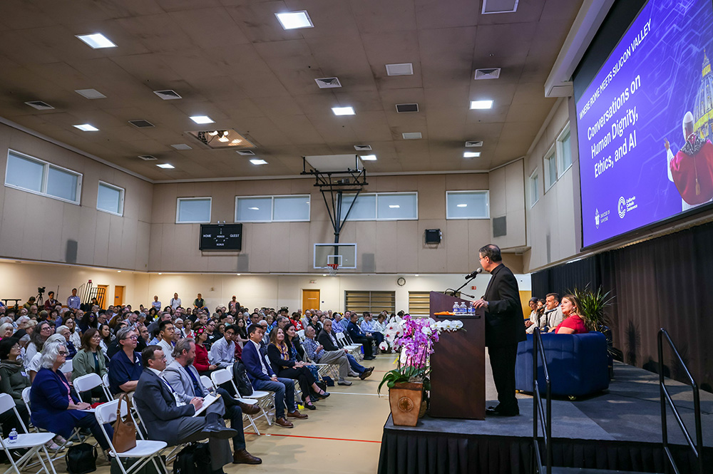 Bishop Oscar Cantú of San Jose, Calif., speaks during a June 6, 2026, gathering titled "Conversations on Human Dignity, Ethics, and AI," at Our Lady of Peace Church and Shrine in Santa Clara, Calif. (OSV News/Courtesy of San Jose Diocese/Oliver Tapio)