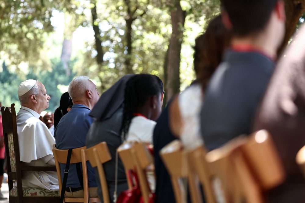 Pope Leo XIV has lunch with vulnerable people from the Diocese of Rome at Borgo Laudato Si, in the pontifical gardens of Castel Gandolfo, Italy, July 11, 2026. (OSV News/Reuters/Matteo Minnella)