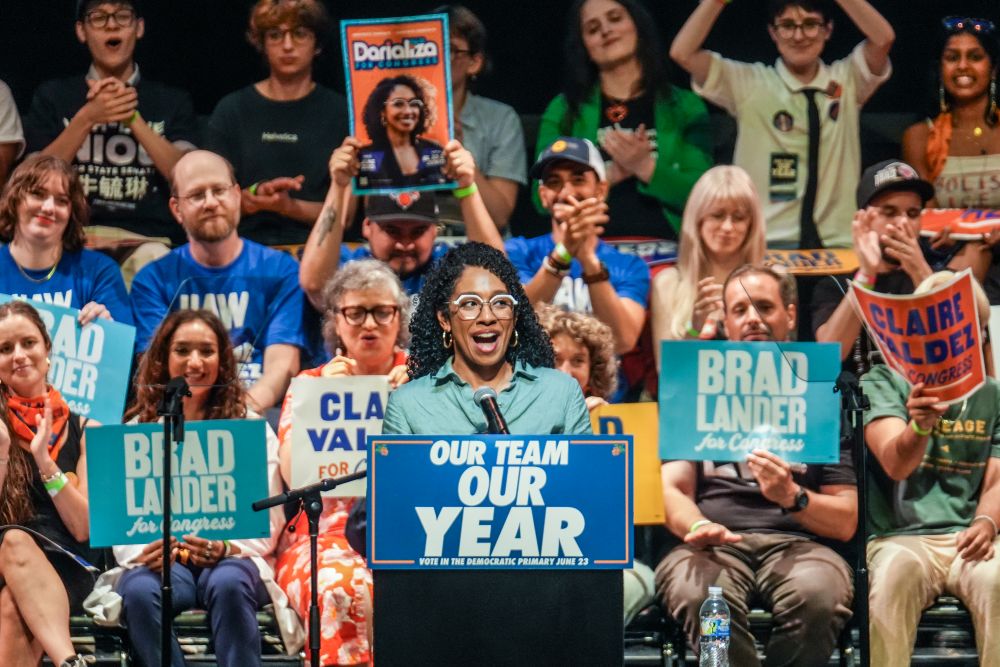 Democratic congressional candidate Darializa Avila Chevalier speaks during a Get Out The Vote rally ahead of New York's primary election June 18, 2026, in the Brooklyn borough of New York. (AP/Ryan Murphy)