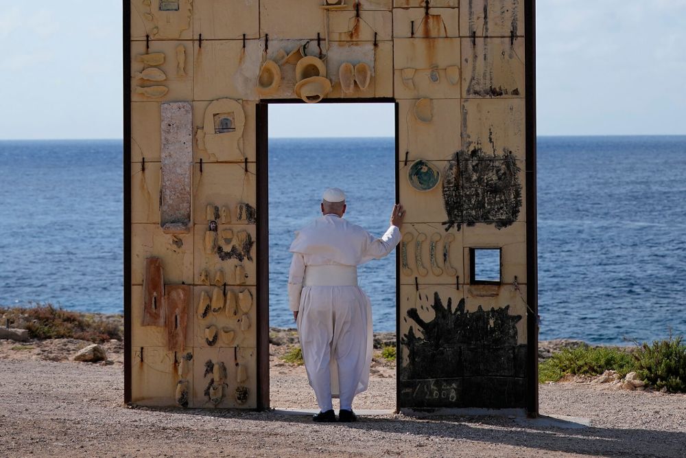 Pope Leo XIV visits the Gateway of Europe monument in Lampedusa, Sicily, southern Italy, July 4, 2026, during a one-day pastoral visit to the island long associated with the plight of migrants crossing the Mediterranean. (AP/Alessandra Tarantino)