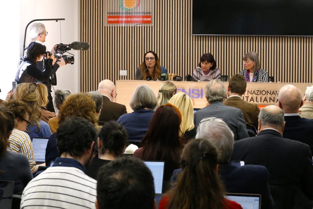 Laura Sgro, a lawyer representing a former religious sister that has reported sexual, spiritual and psychological abuse committed by Fr. Marko Rupnik, speaks at a news conference in Rome Feb. 21, 2024. (CNS/Justin McLellan)