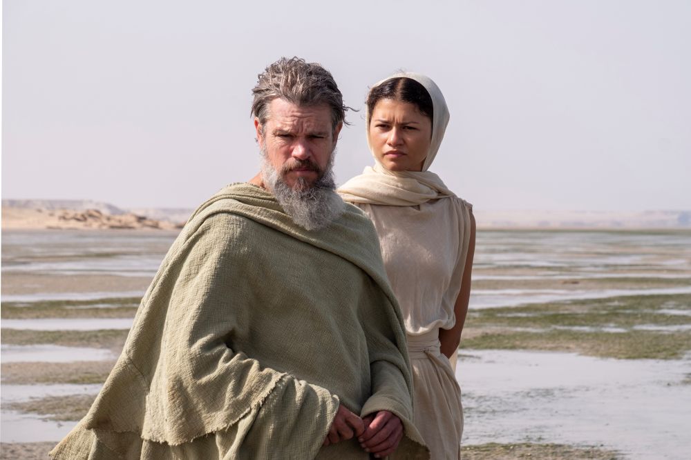 Matt Damon as Odysseus and Zendaya as Athena appear in a scene from "The Odyssey," by director Christopher Nolan. (OSV News/Universal/Melinda Sue Gordon) 