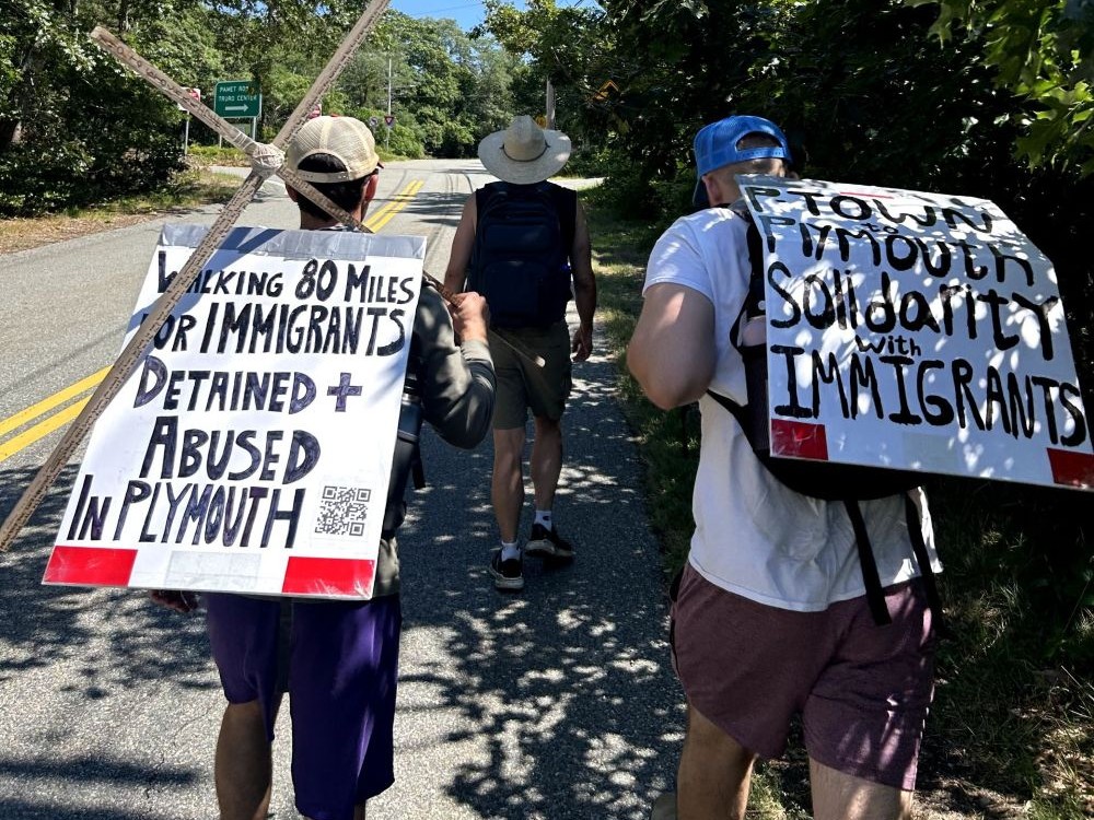 Massachusetts Catholic teachers Connor May and Chris Tansey walk during their July 2026 80-mile pilgrimage in support of immigrants. (Courtesy of Connor May)