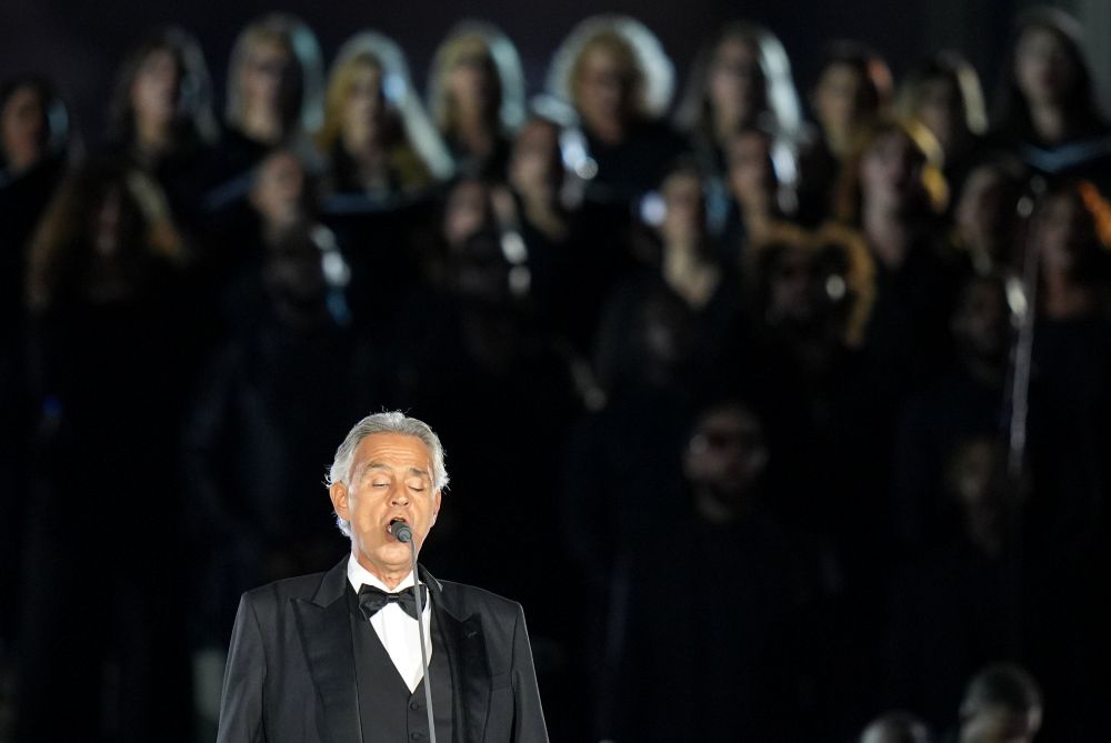 Italian tenor Andrea Bocelli performs during "Grace for the World," the concert in St. Peter's Square concluding the World Meeting on Human Fraternity at the Vatican Sept. 13, 2025. (CNS/Lola Gomez)