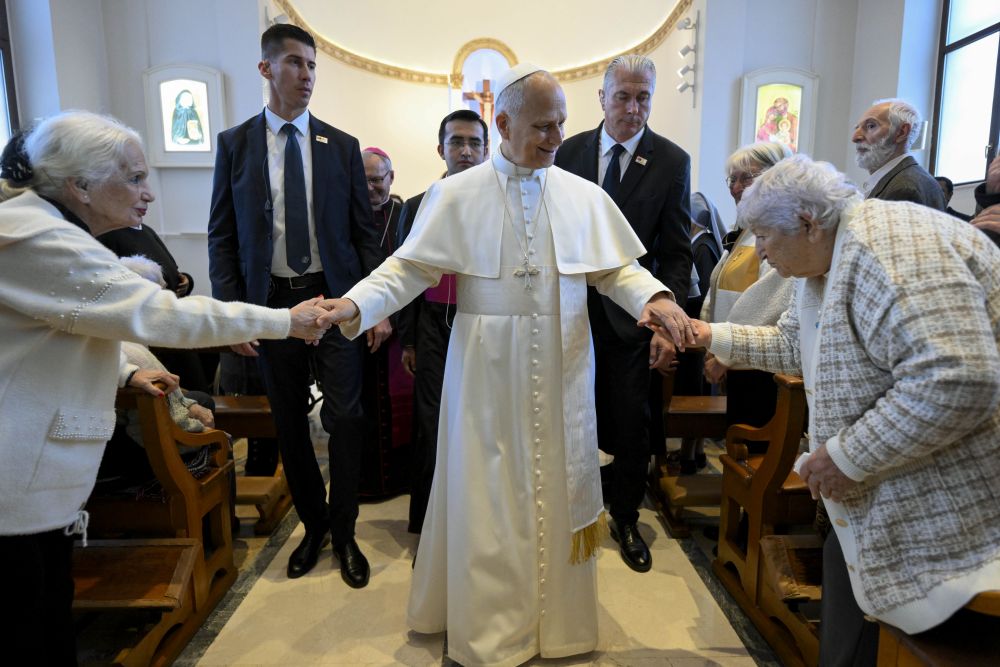 Pope Leo XIV greets residents of a home for the elderly run by the Little Sisters of the Poor in Istanbul during his visit Nov. 28, 2025. (OSV News/Vatican Media/Catholic Press Photo)