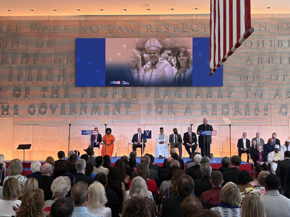 Philadelphia Archbishop  Nelson  Pérez gives a speech at a ceremony honoring Pope Leo XIV for receiving the Liberty Medal from the National Constitution Center in Philadelphia July 3. (NCR photo/Camillo Barone)