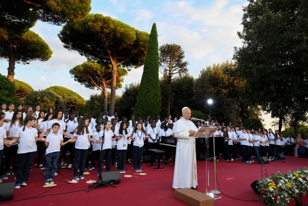 Pope Leo XIV speaks at the "Canticle of Peace" event in the Vatican Gardens in Castel Gandolfo on the evening of July 29, 2026, featuring a performance by Italian tenor Andrea Bocelli and a 164-member children's choir. (OSV News/Vatican Media/Matteo Pernaselci)