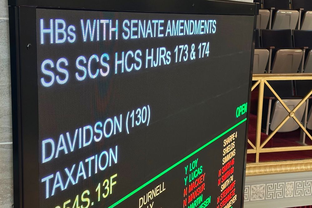 An electronic voting board in the Missouri House chamber displays the title of a proposed constitutional amendment to phase out the individual income tax April 21, 2026, in Jefferson City, Mo. The proposed amendment is on the Aug. 4 primary ballot. (AP/David Lieb)