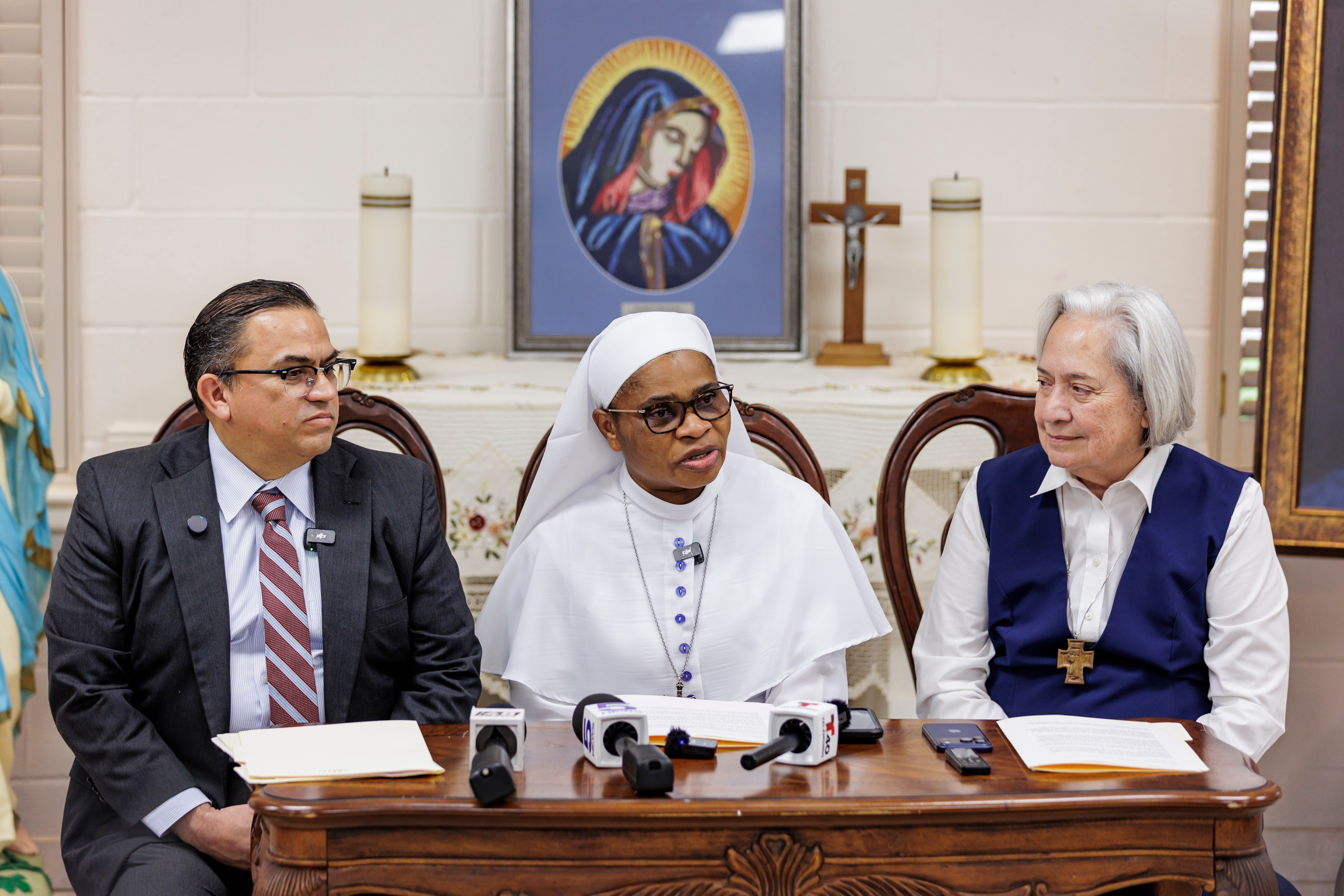 Sister Leticia "Letty" Ugboaja speaks during a news conference at Our Lady of Sorrows Catholic Church on Thursday, July 23, 2026, in McAllen, Texas. 