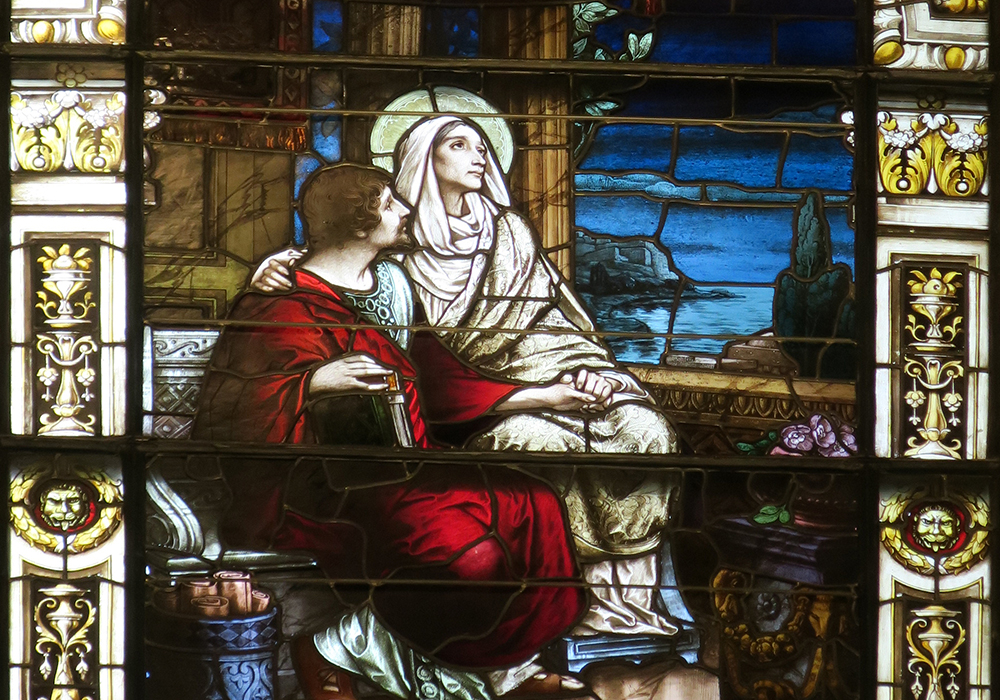 St. Augustine and St. Monica are depicted in stained glass at the Cathedral Basilica of St. Augustine, in St. Augustine, Florida. (Wikimedia Commons/Nheyob, CC BY-SA 4.0)