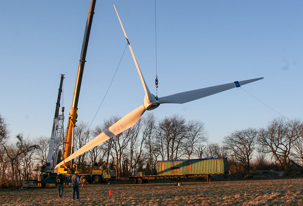 The blades of Portsmouth Abbey's wind turbine during the erection of the wind turbine in March 2006 (Courtesy of Joseph Byron)