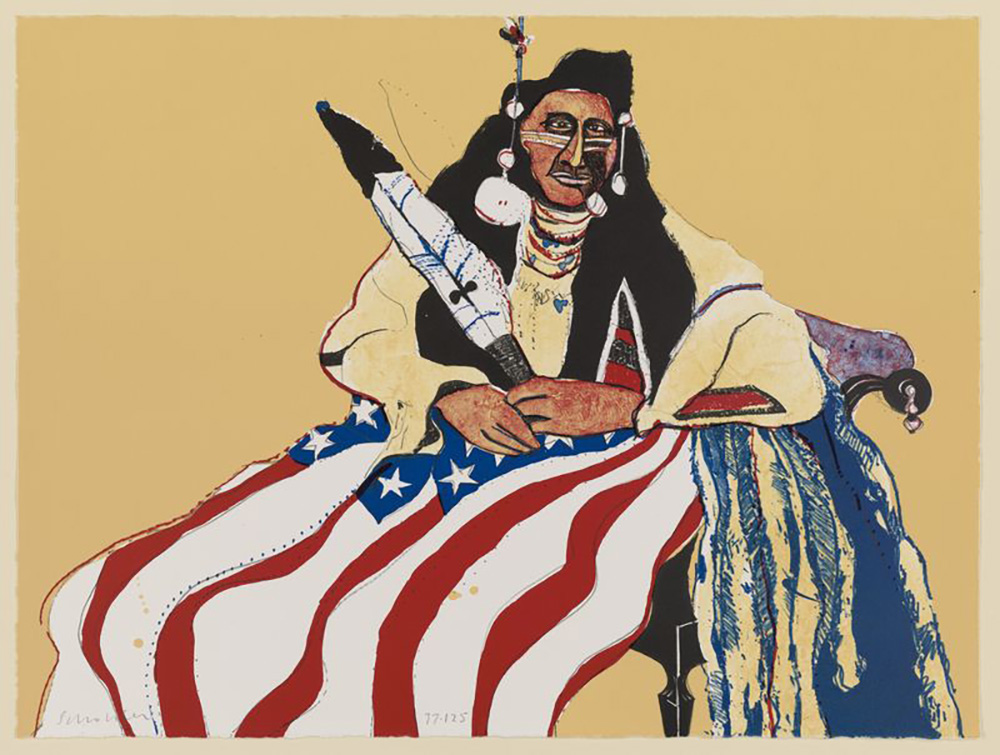 Fritz Scholder, Bicentennial Indian, from the Kent Bicentennial Portfolio: Spirit of Independence, 1974, color lithograph. © Fritz Scholder. Courtesy the estate of the artist and Garth Greenan Gallery, New York, New York. Yale University Art Gallery. Gift of the Lorillard Company