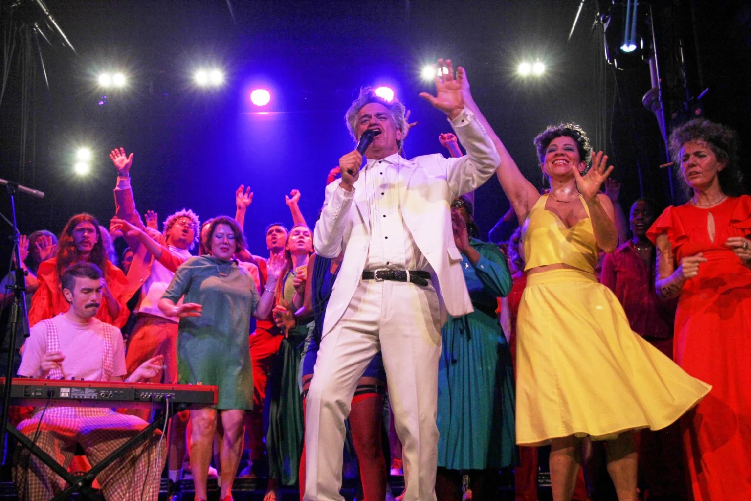 Reverend Billy and the Stop Shopping Choir perform from the Colchester Arts Centre in Colchester, England during their Fabulous Unknown UK tour on Oct. 23, 2024. (Miranda Zhen Yao via AP)