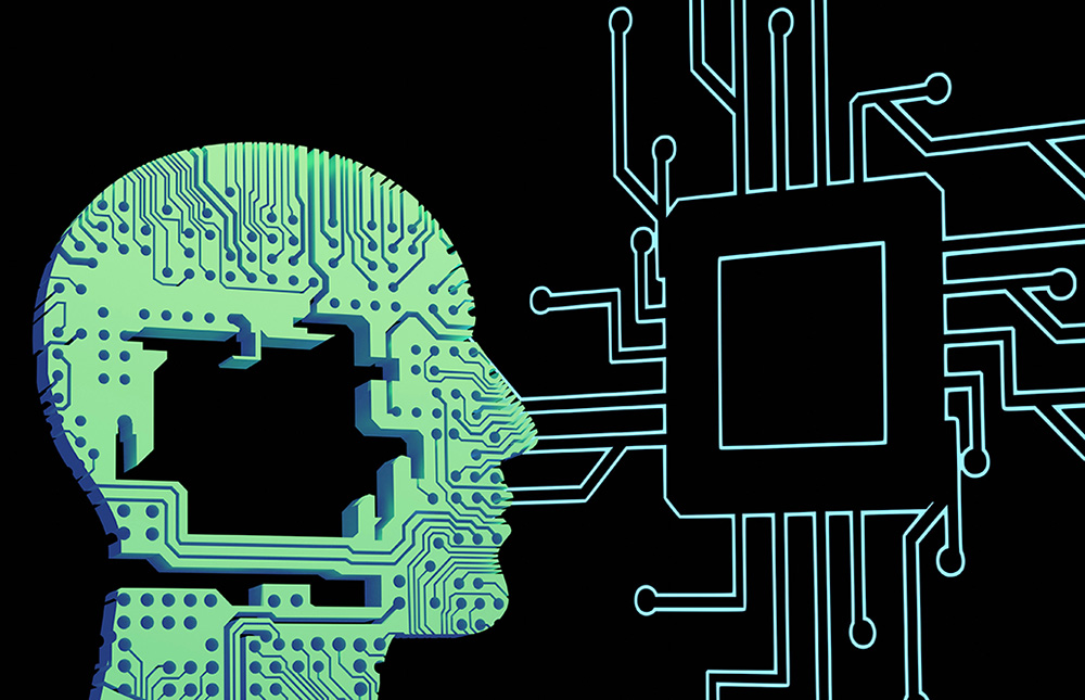 A human head made of circuits facing circuit pattern (Unsplash/Steve A Johnson)