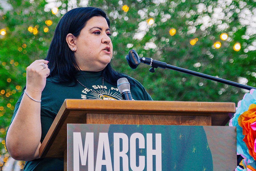 Melissa Lopez, executive director of Estrella del Paso, a ministry of the Diocese of El Paso, Texas, speaks March 24, 2026, during a March & Vigil for Human life and to End Deportations. (OSV News/courtesy Estrella del Paso)
