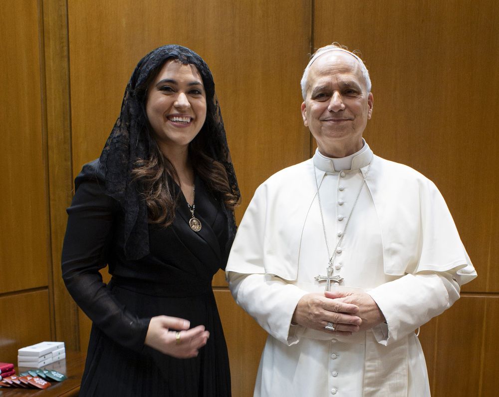 Pope Leo XIV poses with Montse Alvarado, president and chief operating officer of EWTN News, during a private meeting at the Vatican Sept. 5, 2025. Alvarado takes over as prefect of the Vatican's Dicastery for Communication in November. (OSV News/Vatican Media/Catholic Press)