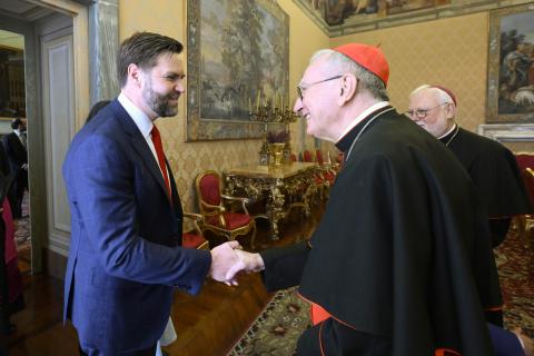 Cardinal Pietro Parolin, Vatican secretary of state, shakes hands with U.S. Vice President JD Vance during a meeting in the Apostolic Palace at the Vatican April 19, 2025. Archbishop Paul R. Gallagher, the Vatican foreign minister, looks on. (CNS photo/Vatican Media)