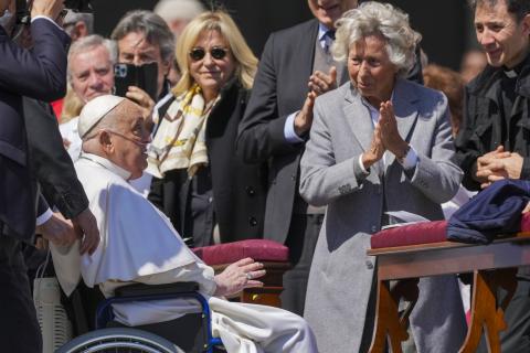 Pope Francis is cheered by faithful at the end of a mass in St. Peter's Square at The Vatican. Sunday, April 6, 2025, part of the Jubilee of the sick and the health workers. (AP Photo/Andrew Medichini)
