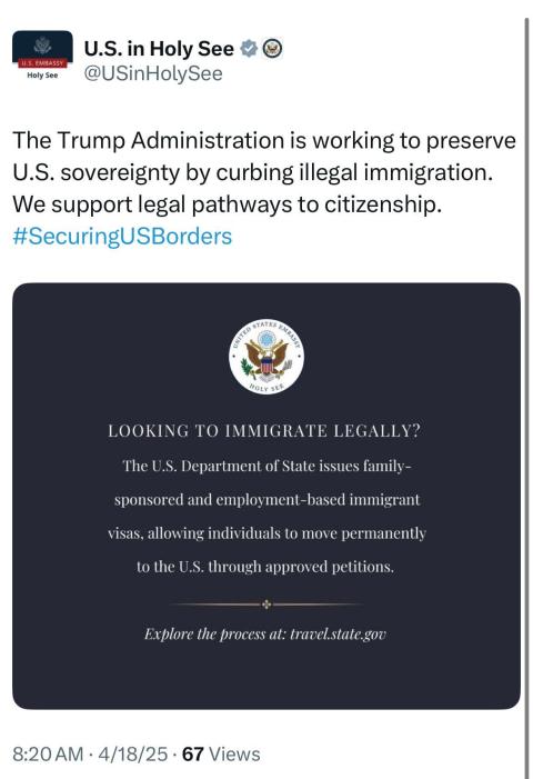 US embassy to the Holy See tweet on immigration 