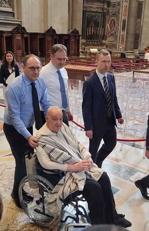Pope Francis, who is continuing to recover from pneumonia and a long hospitalization, makes a surprise visit to St. Peter's Basilica at the Vatican to pray April 10, 2025. He surprised tourists and pilgrims, also because he was not wearing his white cassock or zucchetto. (OSV News photo/Luiz Gil, Handout via Reuters)