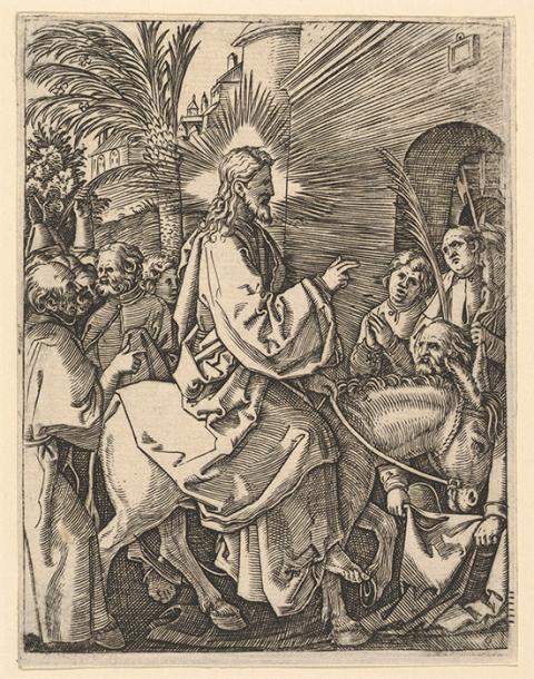 "The Entry into Jerusalem; Christ riding on a donkey towards an arched city gate; an elderly man spreads out his cloak on the road," from "The Passion of Christ", after Albrecht Dürer, circa 1500–34, by Marcantonio Raimondi (Metropolitan Museum of Art)