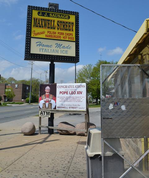 A tribute sign to Pope Leo XIV is displayed outside a hot dog stand in the Dolton suburb of Chicago, May 9, 2025, where Pope Leo grew up as Robert F. Prevost. The manager said the pope's two brothers used to stop by there for hotdogs — with no ketchup, a signature Chicago hotdog. (OSV News/Simone Orendain)