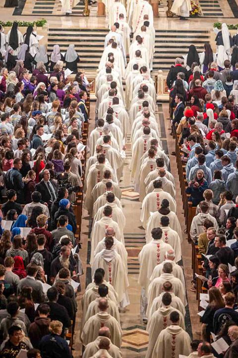 Prelates and clergymen process down the center aisle at the start of the opening of the National Prayer Vigil for Life Mass at the Basilica of the National Shrine of the Immaculate Conception in Washington Jan. 22, 2026, the evening before the annual March for Life. (OSV News/Mihoko Owada)