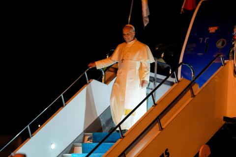 Pope Leo XIV arrives by plane from Ankara in Istanbul, Turkey, Nov. 27, 2025, at the beginning of his first international papal trip. (CNS photo/Lola Gomez)