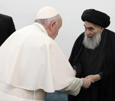 Pope Francis is greeted by Grand Ayatollah Ali al-Sistani, one of Shiite Islam's most authoritative figures, during a courtesy visit in Najaf, Iraq, March 6, 2021. (CNS/Grand Ayatollah Ali al-Sistani office)