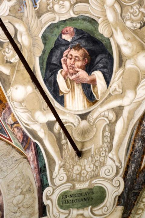 A depiction of the beheaded Friar Nicholas of Toulouse appears on the frescoed vaults of the cloister of the Basilica of Santa Maria sopra Minerva in Rome March 18, 2026. (AP/Domenico Stinellis)