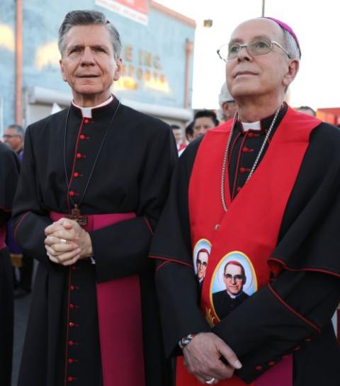 Archbishop Gustavo García-Siller of San Antonio (left) and Bishop Mark Seitz of El Paso, Texas, lead a march in El Paso March 24, 2025, against mass deportations by the U.S. government. (OSV News/Bob Roller)