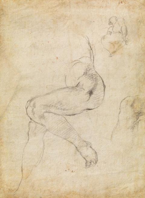Studies for the Libyan Sibyl and a small sketch for a Seated Figure (ca. 1510-11) by the Italian artist Michelangelo (Artvee)