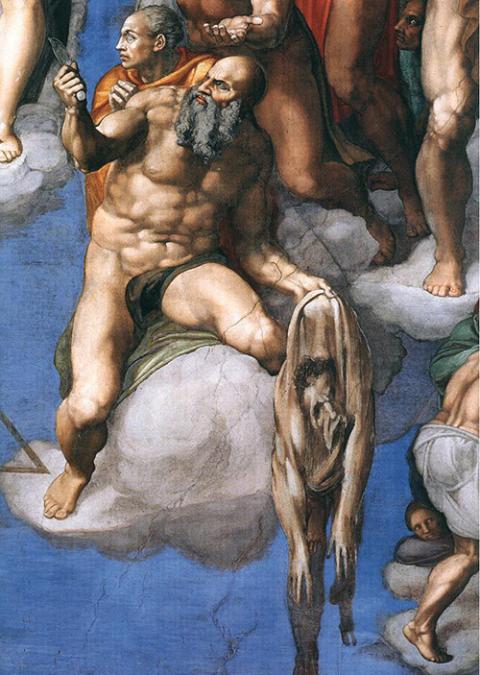 St. Bartholomew holding a knife and his flayed skin (Wikimedia Commons)