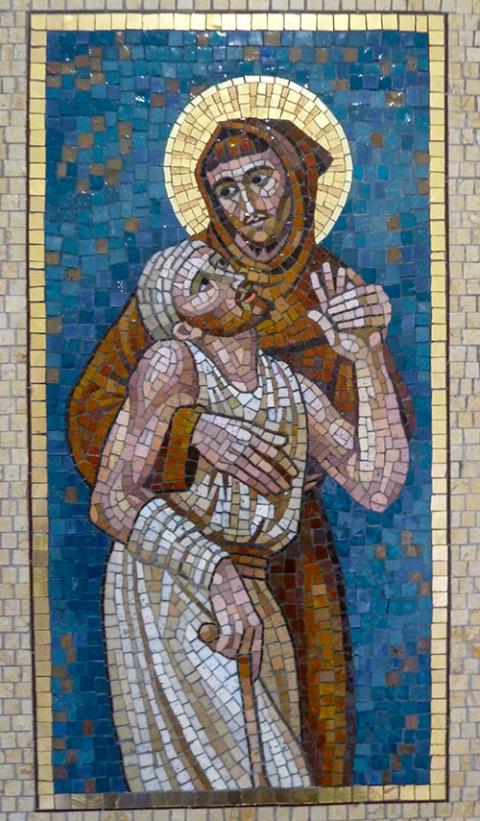 St. Francis of Assisi and the leper, depicted in mosaic at the General Curia of the Franciscan order in Rome (Wikimedia Commons/Jim McIntosh)