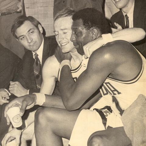Bob Lanier, right, hugs teammate Bill Kalbaugh during a St. Bonaventure University game in 1970. (Courtesy of St. Bonaventure University)