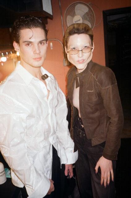 Braden Peters, who goes by Clavicular, left, and Miles Shore at the Elena Valez fashion show in February in New York. (Photo courtesy of Miles Shore)