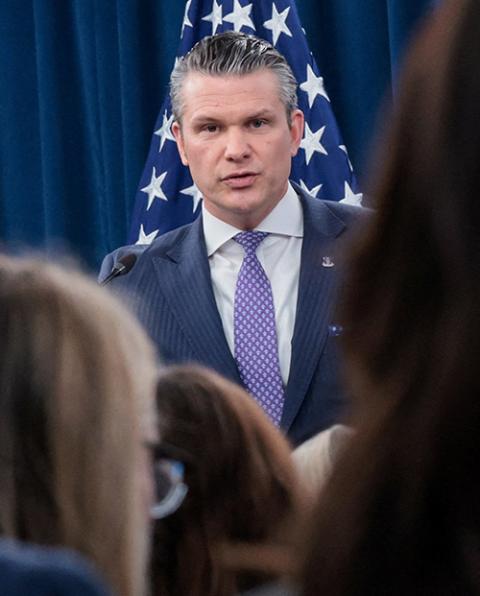U.S. Secretary of Defense Pete Hegseth at a news briefing at the Pentagon in Washington March 31, 2026 (OSV News/Reuters/Jonathan Ernst)